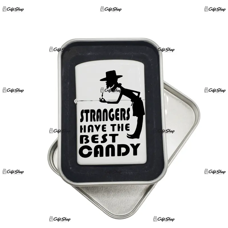Strangers have the best candy, bricheta metalica gravata laser cu mesaj